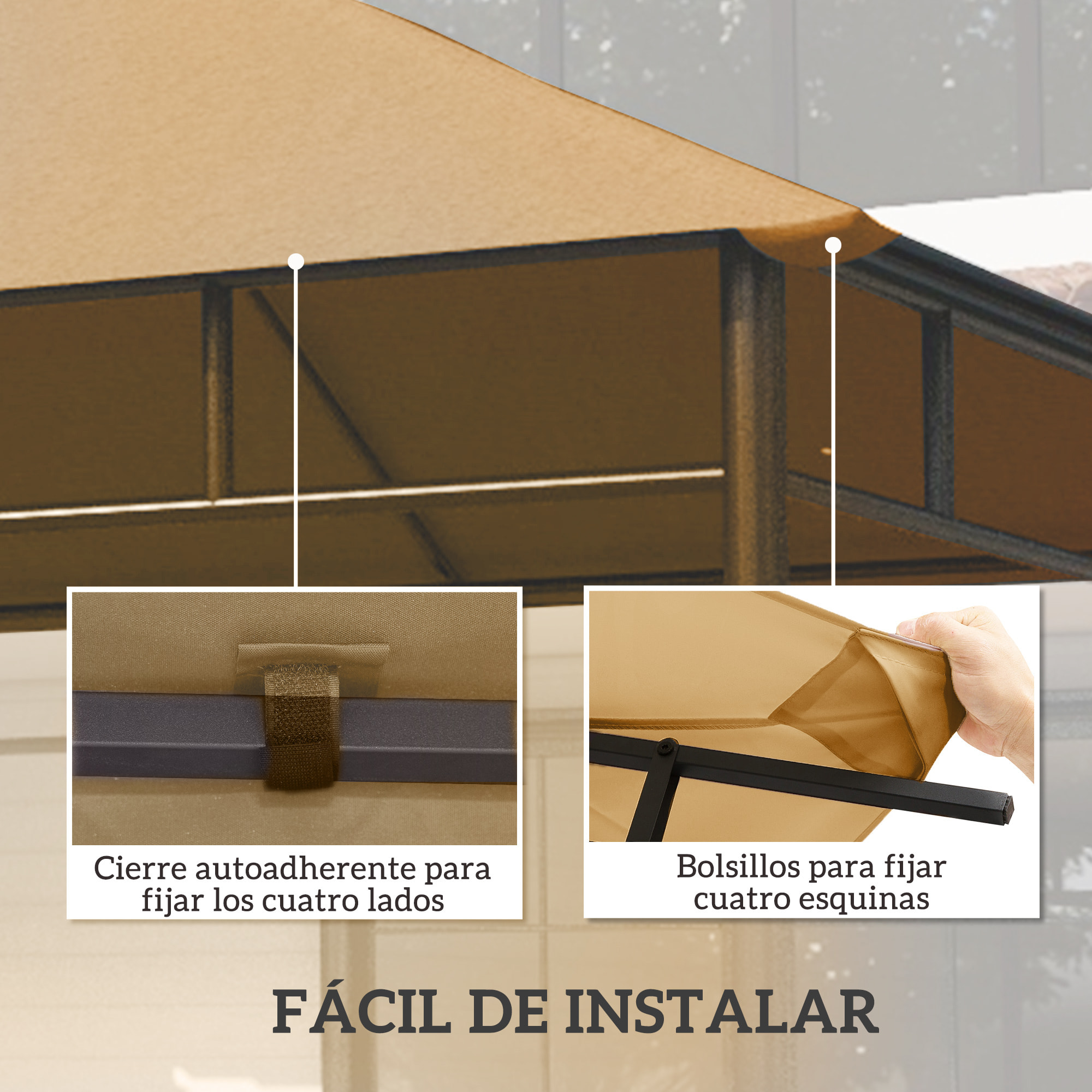 Outsunny Techo de Repuesto para Cenador, 3x3 m, Cubierta de Repuesto con 8 Orificios de Drenaje, Ventilación y Protección UV, SOLO Toldo de Recambio para Pabellón Gazebo, Beige