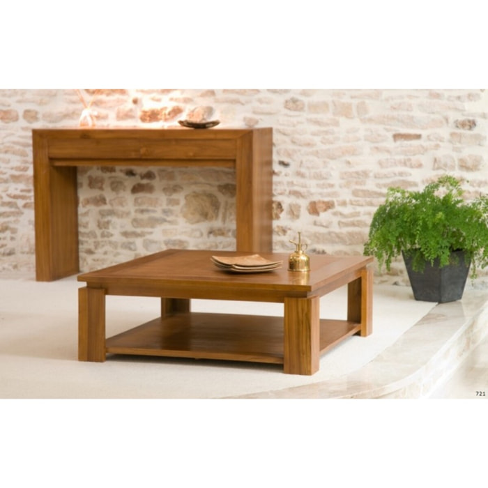 API - Table basse carrée marron sous plateau 90x90cm bois Teck