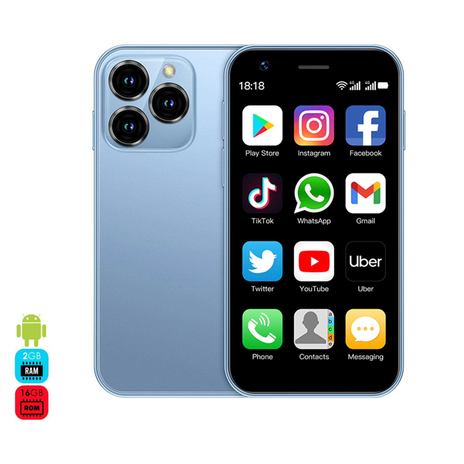 DAM Mini smartphone XS16 4G, Android 8.1, 2GB RAM + 16GB. Pantalla 3''.Doble tarjeta SIM. 4,5x1,2x10,2 Cm. Color: Azul