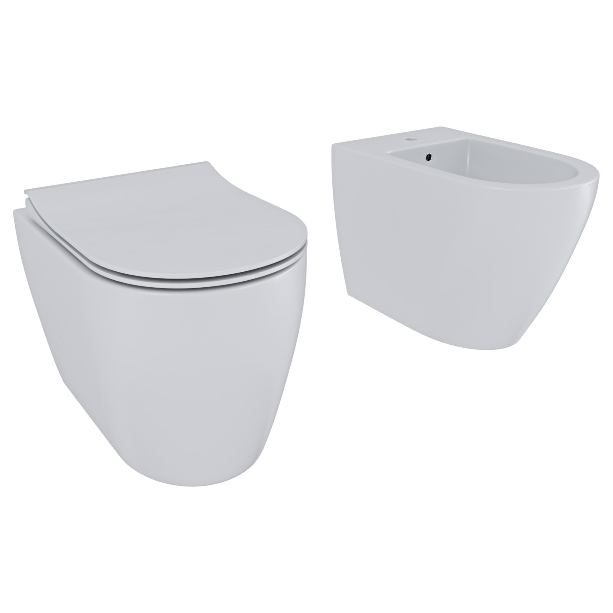 Coppia Sanitari Filomuro Filo Muro Filo Parete Vaso WC E Bidet Design Moderno In Ceramica Con Copriwater Chiusura Soft Close Rallentata Bianco Opaco