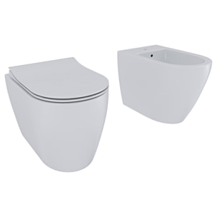 Coppia Sanitari Filomuro Filo Muro Filo Parete Vaso WC E Bidet Design Moderno In Ceramica Con Copriwater Chiusura Soft Close Rallentata Bianco Opaco
