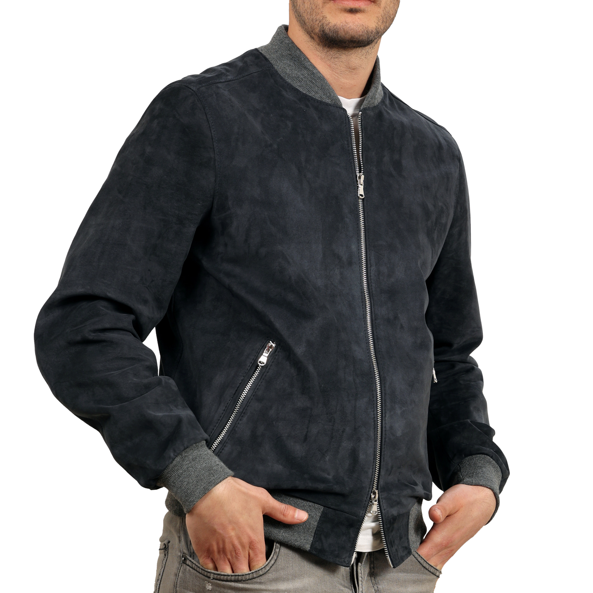 Bomber in camoscio Blu