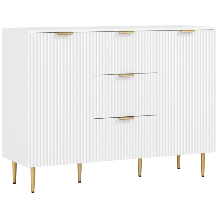 Buffet enfilade 2 portes 2 étagères 3 tiroirs - dim. 120 x 40 x 90 cm - métal doré blanc