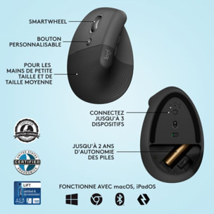 Souris sans fil LOGITECH Lift Ergonomique Gaucher Silencieuse