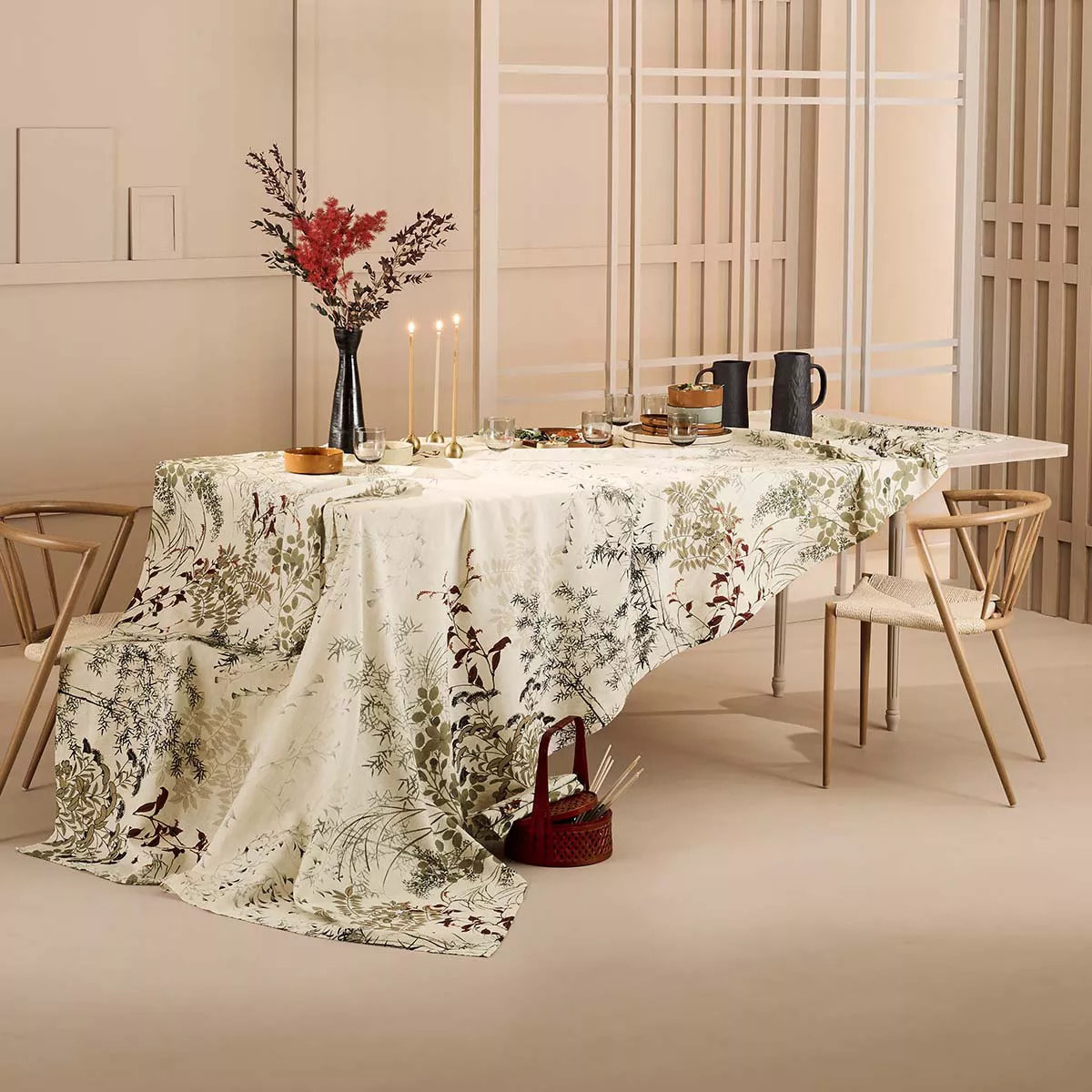 Chemin de table lin & coton lavé 150 g/m² imprimé beige Bambous parchemin