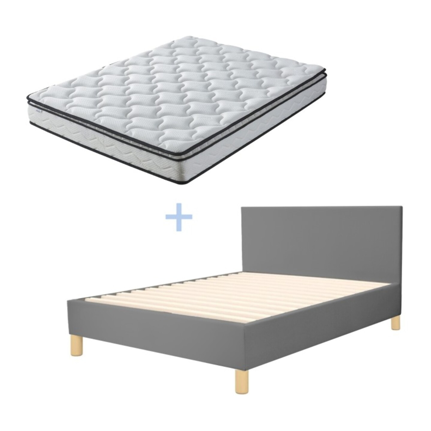 Ensemble Lit avec tête de lit & matelas | Mémoire de forme avec surmatelas intégré | Cadre à lattes | Simili cuir | Blanc
