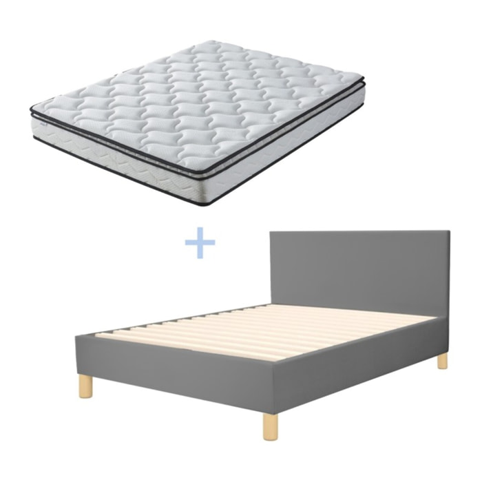 Ensemble Lit avec tête de lit & matelas | Mémoire de forme avec surmatelas intégré | Cadre à lattes | Simili cuir | Blanc