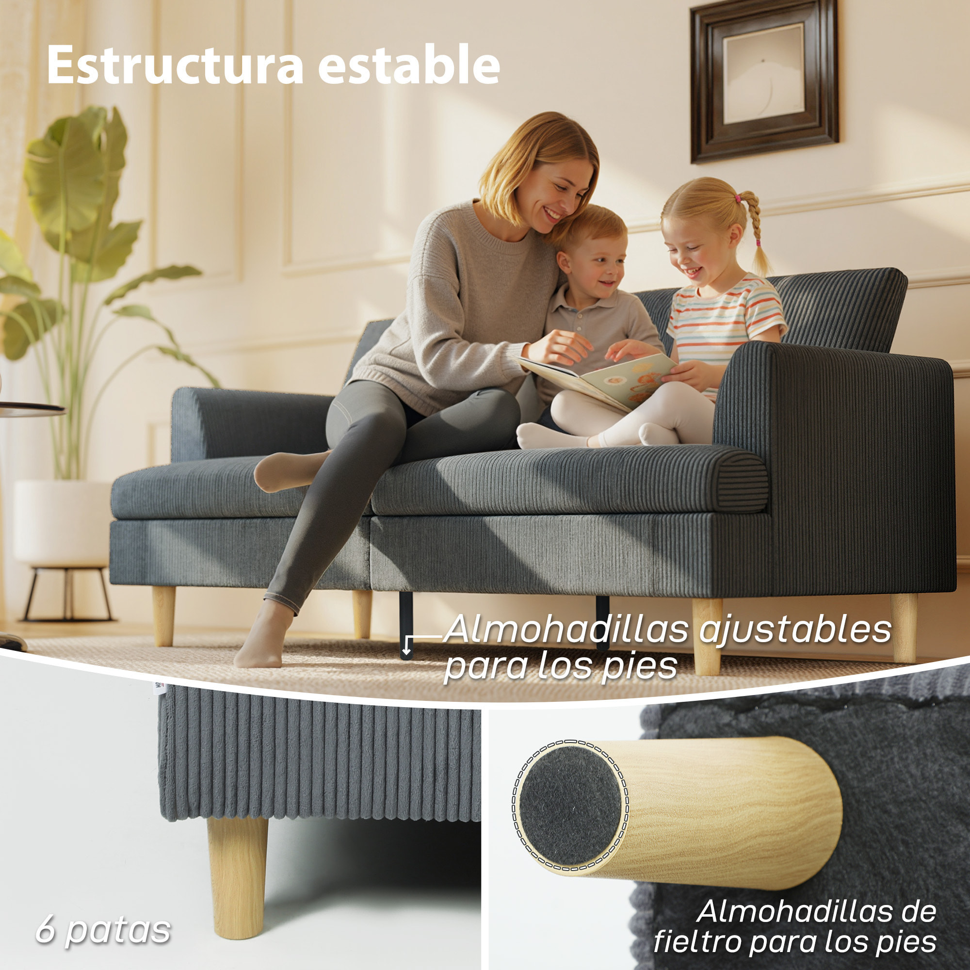 Sofá de 3 Plazas, Sofá de Salón Moderno, 188x80x86 cm, Tapizado en Pana, Acolchado Grueso de Muelles, Asiento Ancho, Reposabrazos, Fácil Montaje, 2 Almohadas, Gris Oscuro