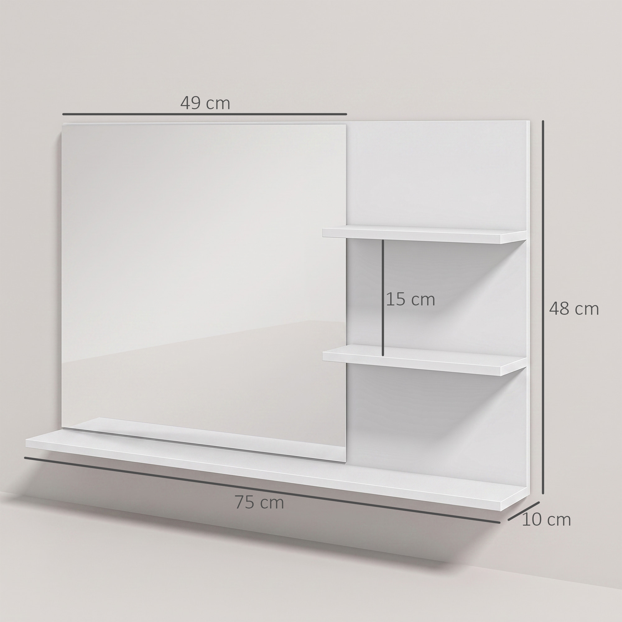 Espejo de Baño con 2 Estantes Laterales y Estante Inferior, Espejo de Pared, Estilo Moderno, para Entrada, Pasillo, 75x10x48 cm, Blanco