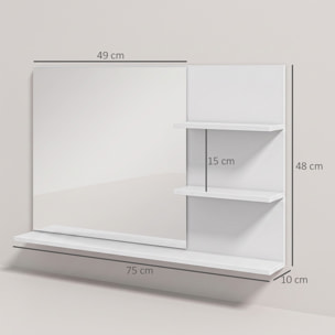Espejo de Baño con 2 Estantes Laterales y Estante Inferior, Espejo de Pared, Estilo Moderno, para Entrada, Pasillo, 75x10x48 cm, Blanco