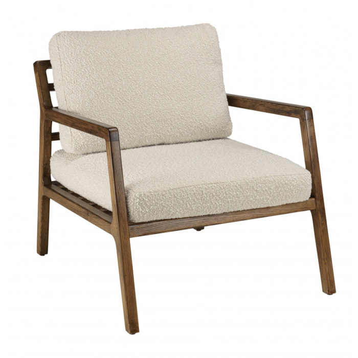 GASTON - Fauteuil en tissu écru, structure et accoudoirs en bois