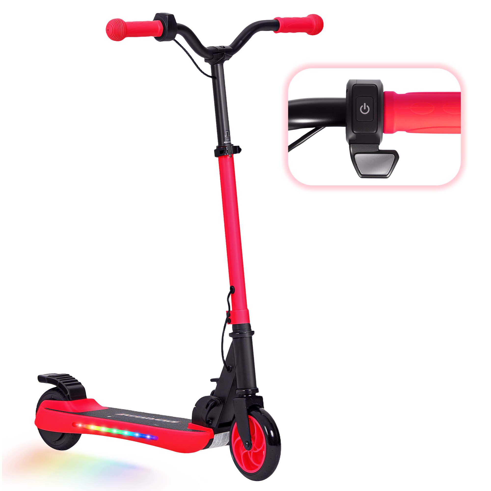 Patinete Eléctrico Plegable MAX 10 KM/H Patín Eléctrico de +6 Años Motor 120 W Autonomía 6 KM Ruedas de 5" - 5,5" Freno Posterior Altura Ajustable Luces LED y Marco de Aluminio Rojo