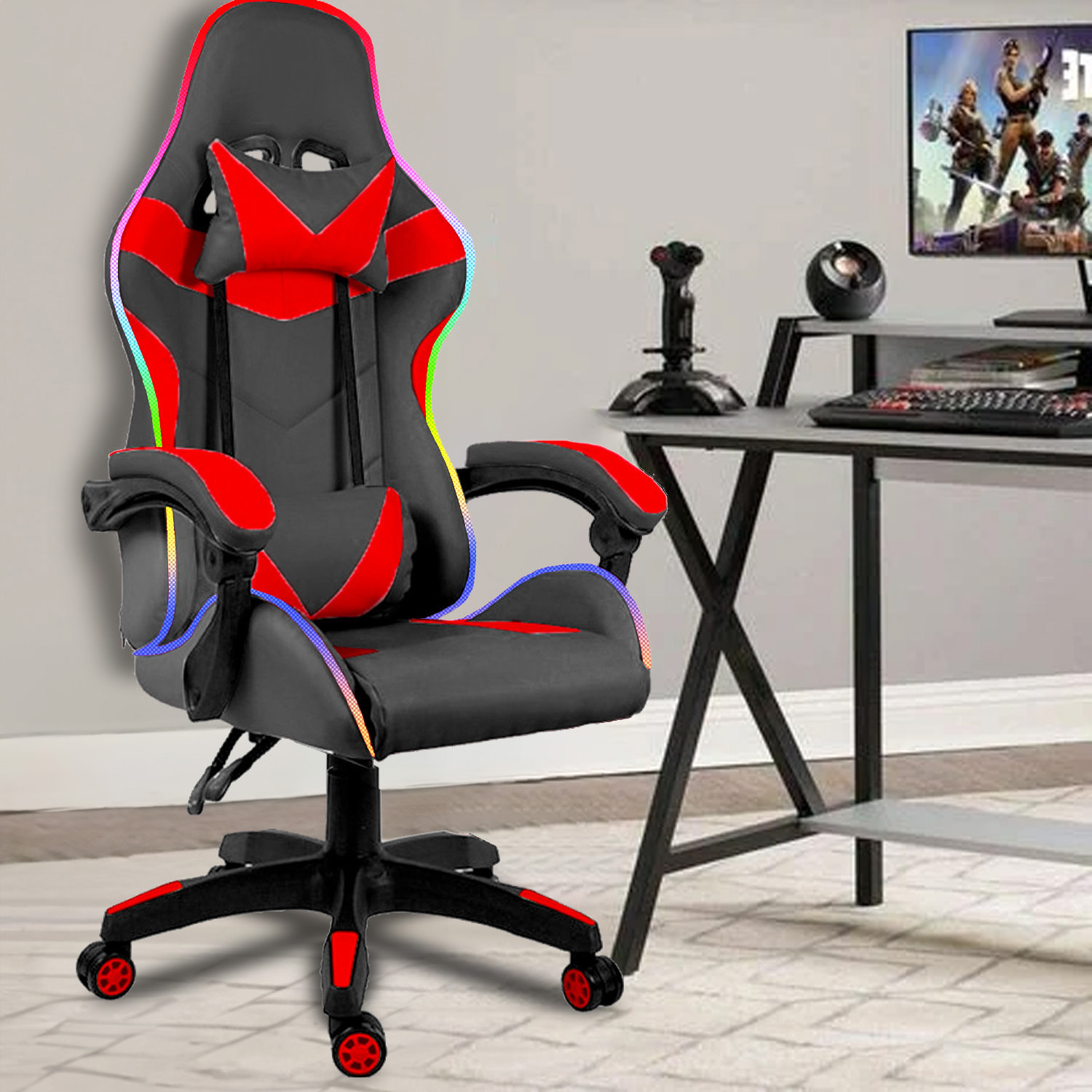 Sedia Gaming Con LED RGB Telecomando Poltrona Ufficio Scrivania Casa PC Racing Girevole Ergonomica Ecopelle Cuscino Lombare Poggiapiedi Nero Rosso