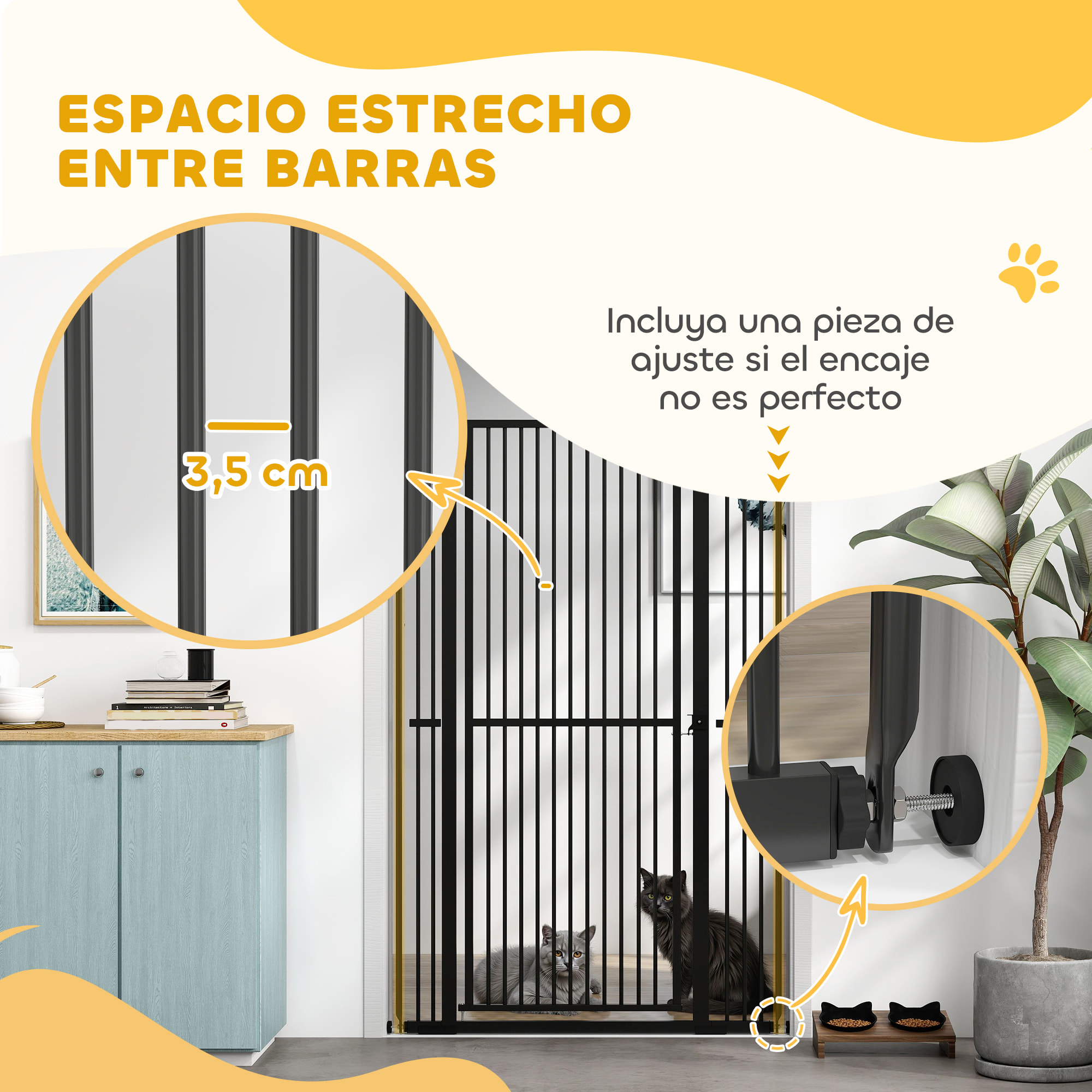 Barrera de Seguridad para Perros y Gatos Extra Alta 150 cm, Barrera para Perros Extensible 77-104 cm para Puertas y Escaleras, con Montaje a Presión, 2 Extensiones y Puerta de Paso, Negro