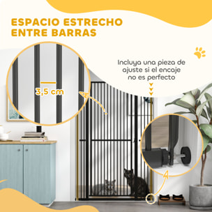 Barrera de Seguridad para Perros y Gatos Extra Alta 150 cm, Barrera para Perros Extensible 77-104 cm para Puertas y Escaleras, con Montaje a Presión, 2 Extensiones y Puerta de Paso, Negro