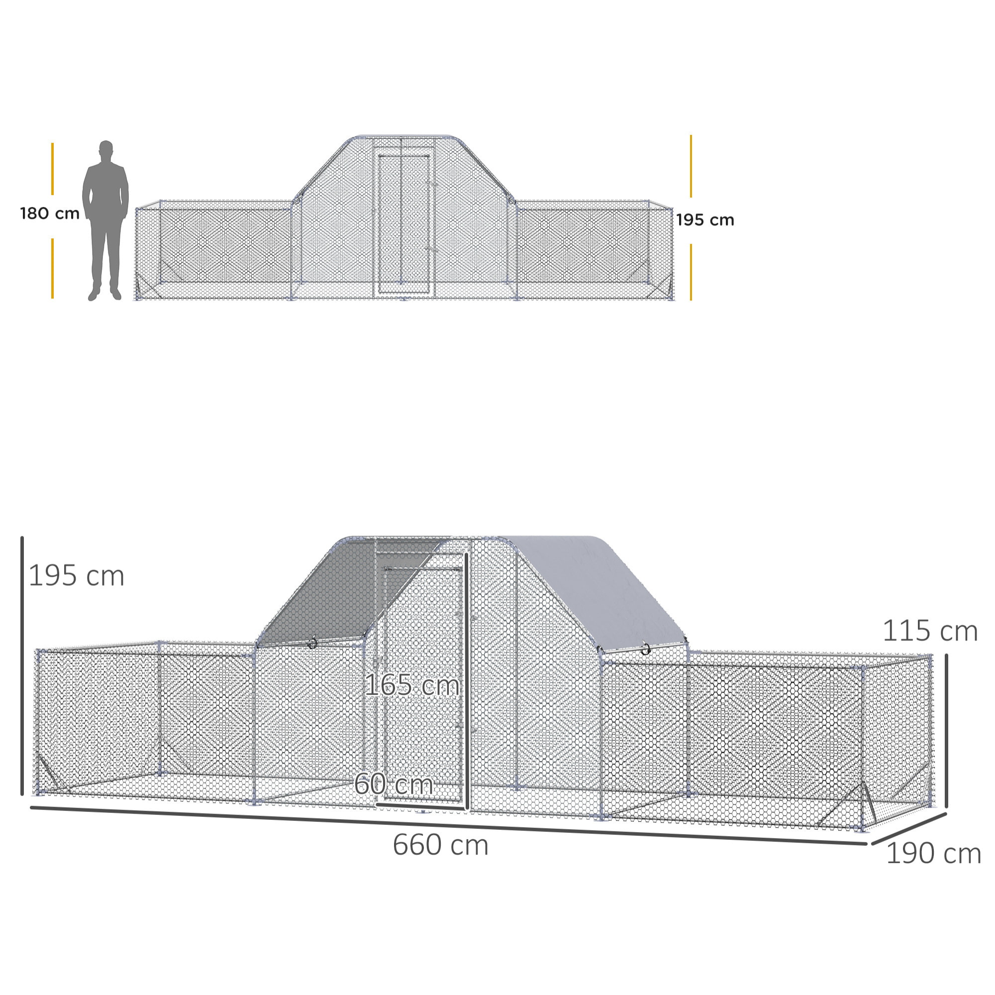 Enclos poulailler chenil 12,54 m² - parc grillagé dim 6,6L x 1,9l x 1,95H m - espace couvert - acier galvanisé