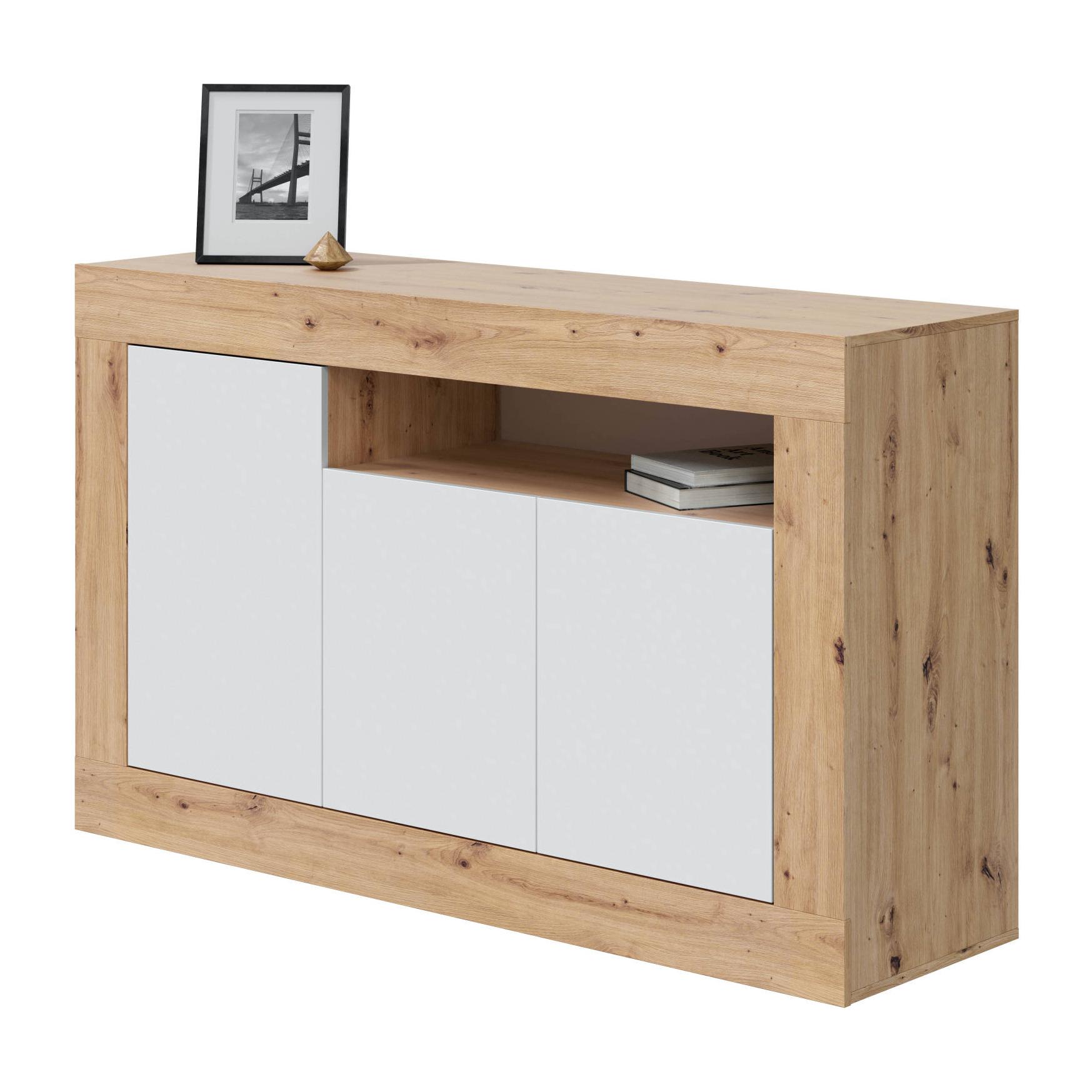 Credenza Thornton, Madia moderna a 3 ante, Buffet da soggiorno con scomparti, Madia da salotto, Mobile Porta TV, cm 144x42h87, Rovere nodi e Bianco