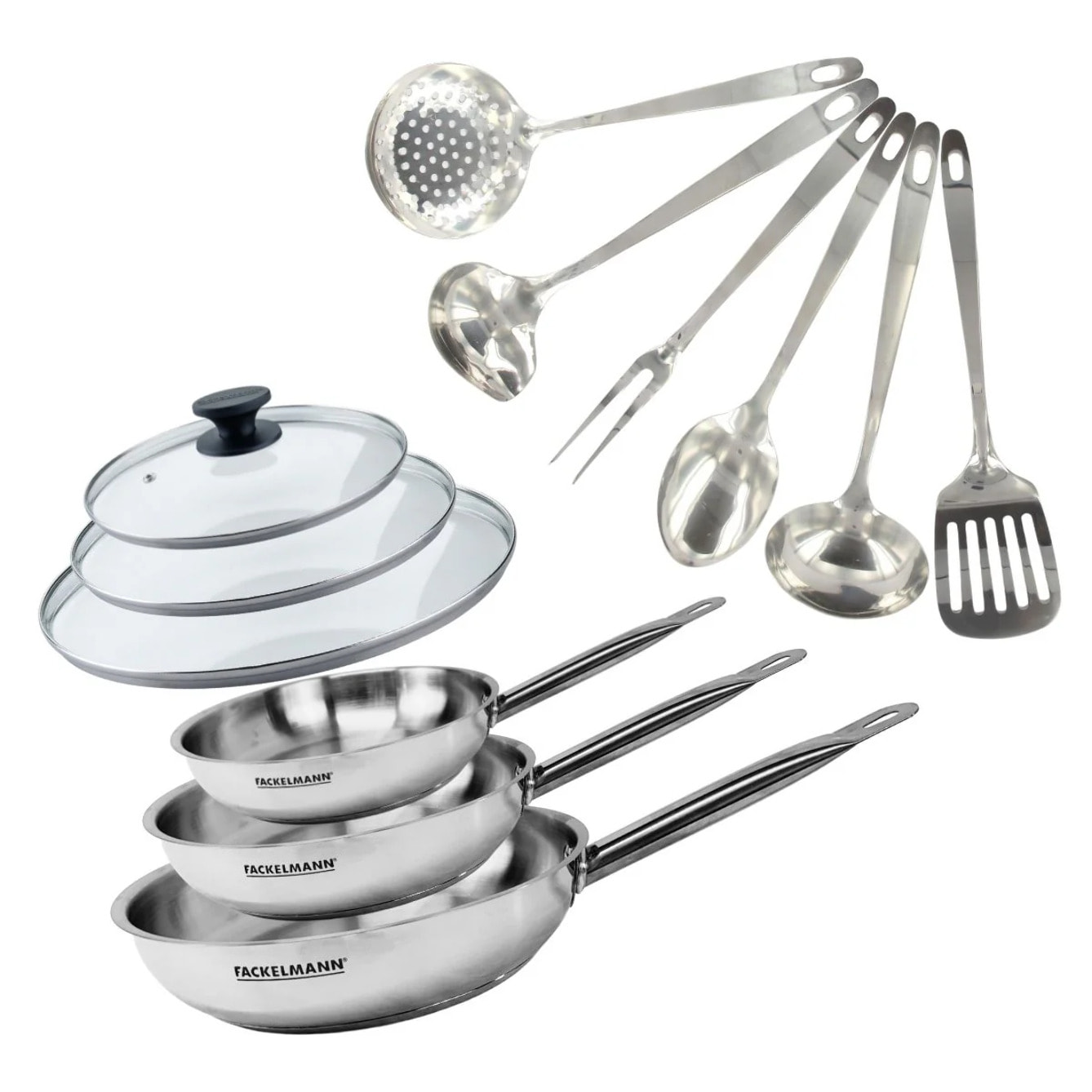 Set de 3 poêles 20, 24 et 28 cm en inox, 3 couvercles verre et 6 ustensiles inox Fackelmann Eterna