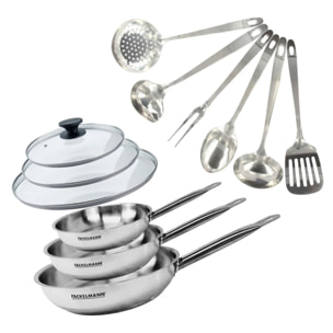 Set de 3 poêles 20, 24 et 28 cm en inox, 3 couvercles verre et 6 ustensiles inox Fackelmann Eterna