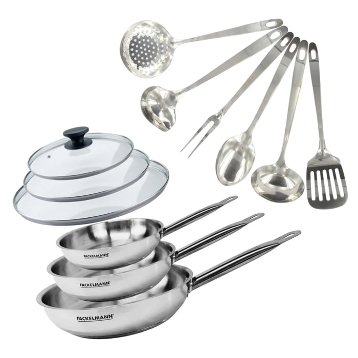 Set de 3 poêles 20, 24 et 28 cm en inox, 3 couvercles verre et 6 ustensiles inox Fackelmann Eterna
