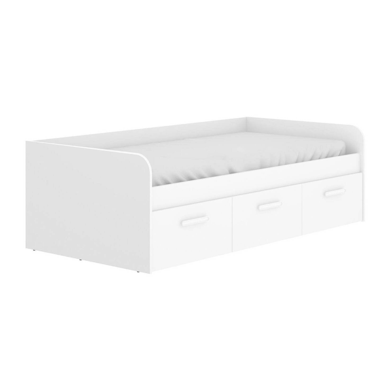 Letto per bambini Adamello, Lettino contenitore per cameretta, Struttura per letto singolo con 3 cassettoni, 194x97h60 cm, Bianco