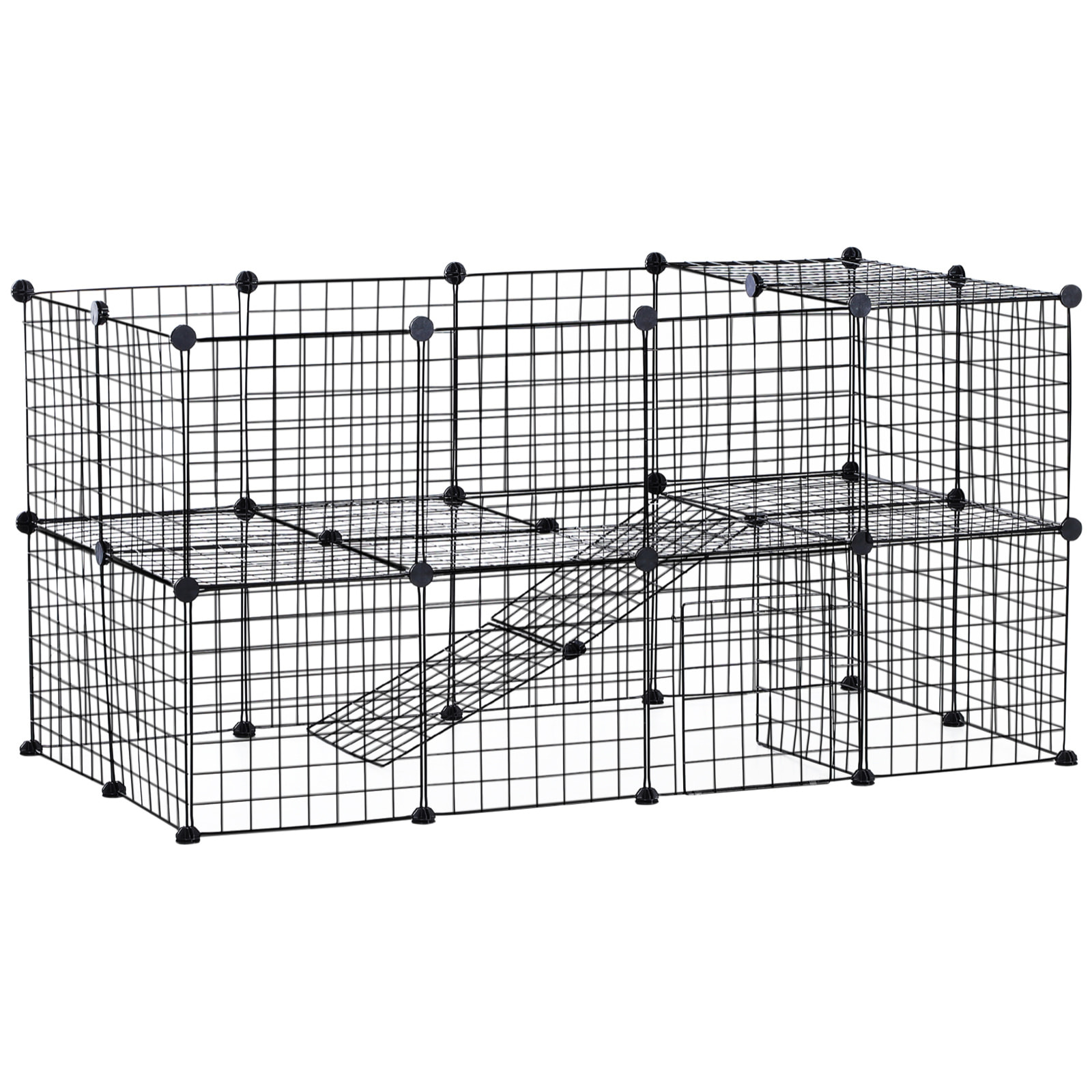 Cage parc enclos pour animaux domestiques L 146 x l 73 x H 73 cm modulable 2 niveaux 36 panneaux bords arrondis fil métallique noir