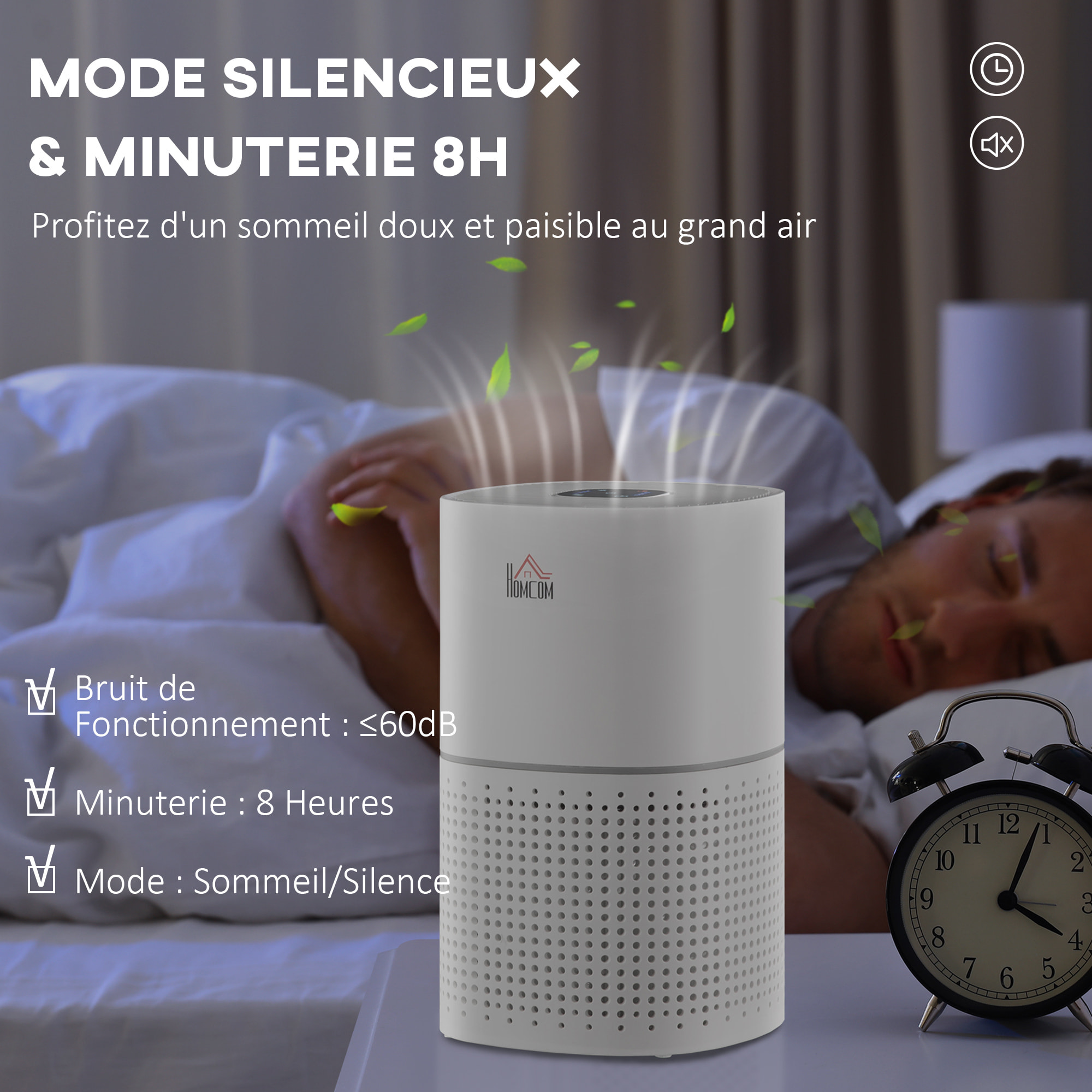 Purificateur d'air 50 W 4 vitesses mode silencieux - filtre HEPA, charbon actif -  jusqu'à 24 m² - débit d'air pur 225 m³/h - timer - ABS blanc gris