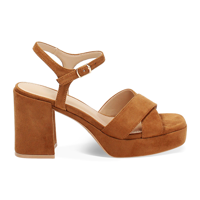 Sandalo donna cognac con plateau, tacco largo 8,5 cm