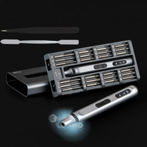 Destornillador eléctrico portátil 50 en 1 con doble luz, pantalla LCD, giro bidireccional, torque 0,3Nm y batería recargable.