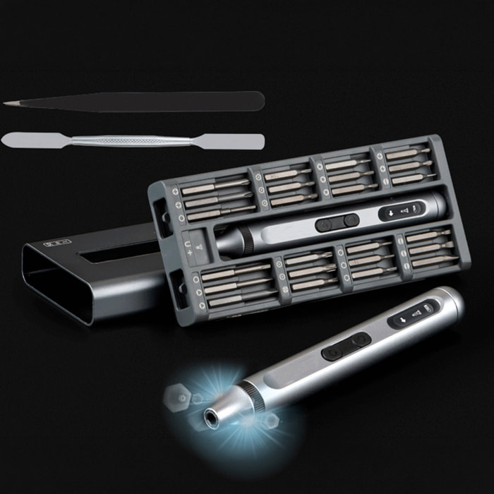 Destornillador eléctrico portátil 50 en 1 con doble luz, pantalla LCD, giro bidireccional, torque 0,3Nm y batería recargable.