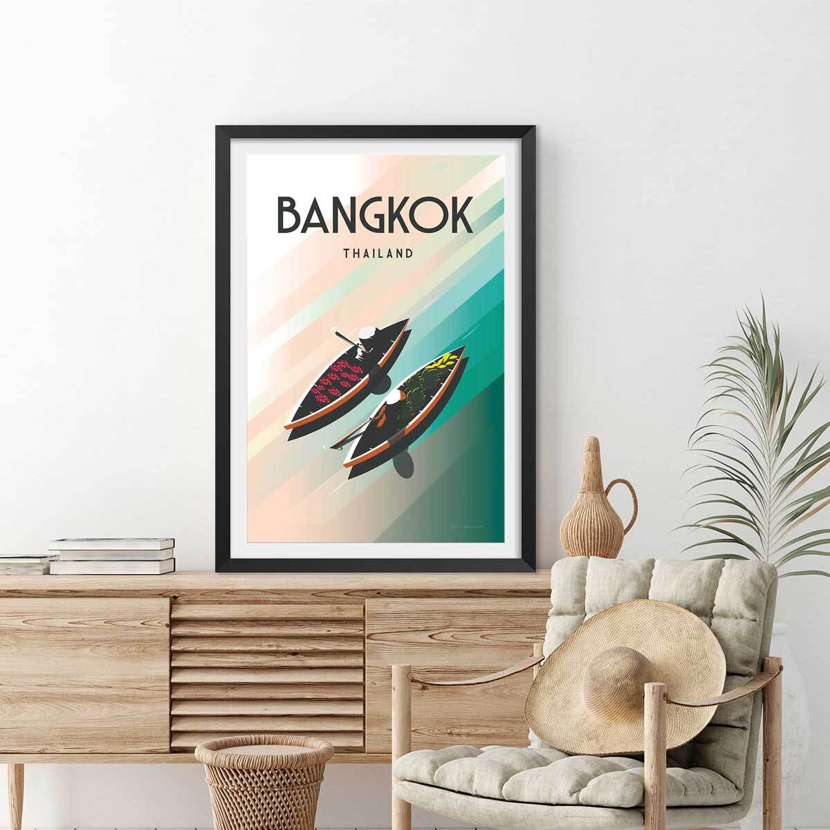 Affiche ville voyage Bangkok Thailand Affiche + cadre en bois - Noir