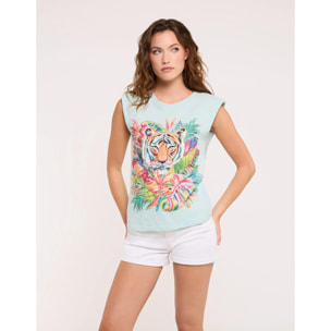 Camiseta Tigre Sin Mangas Turquesa - Tikibana