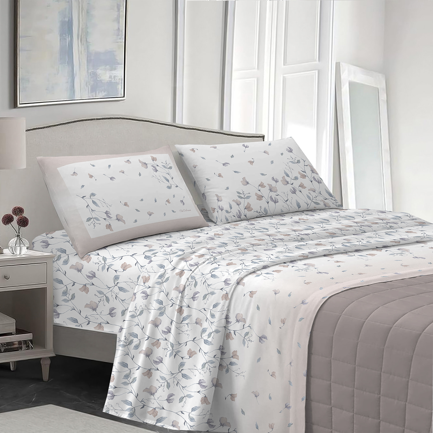 Completo letto pea flower beige 100% cotone