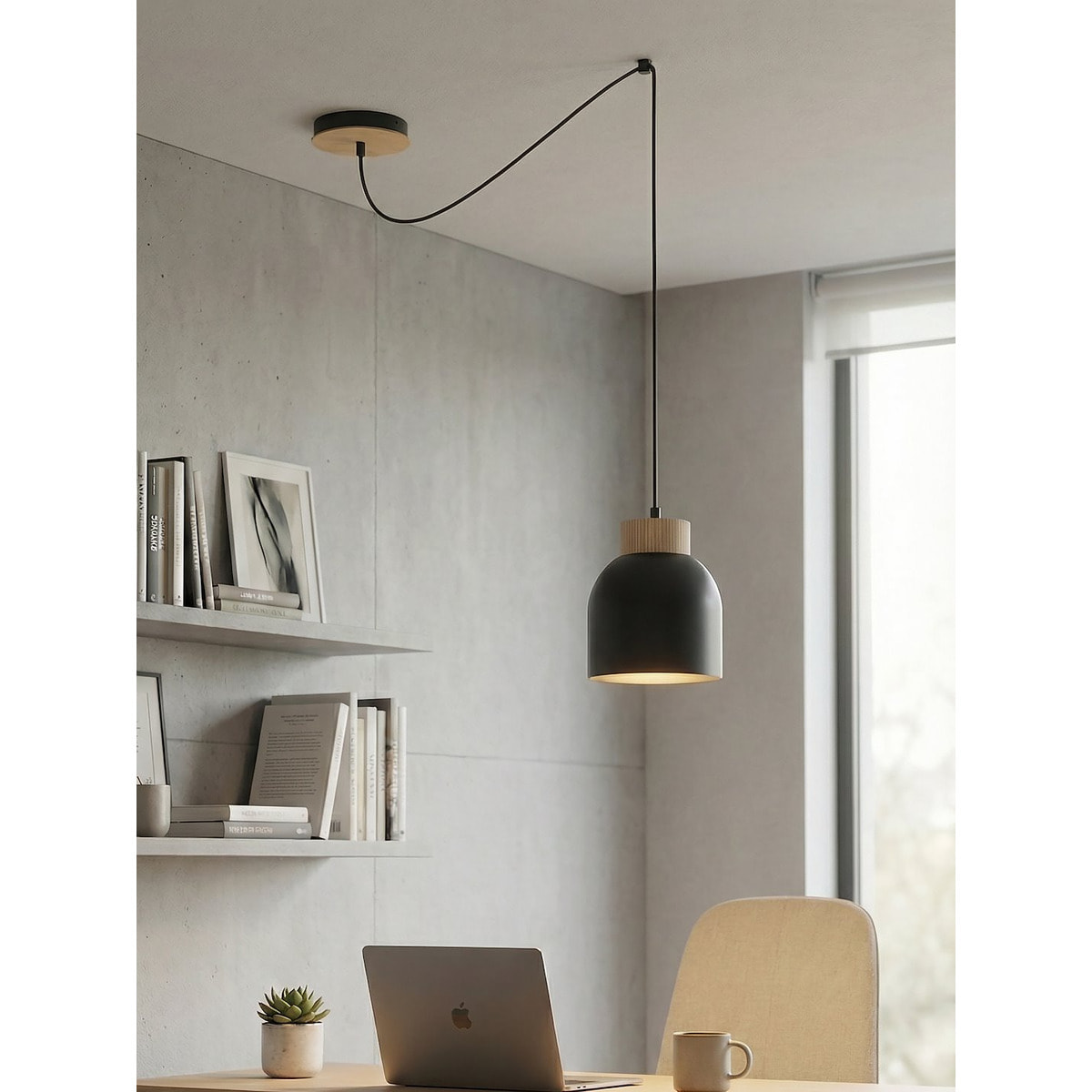 Lampada a sospensione Kru in acciaio nero opaco e legno