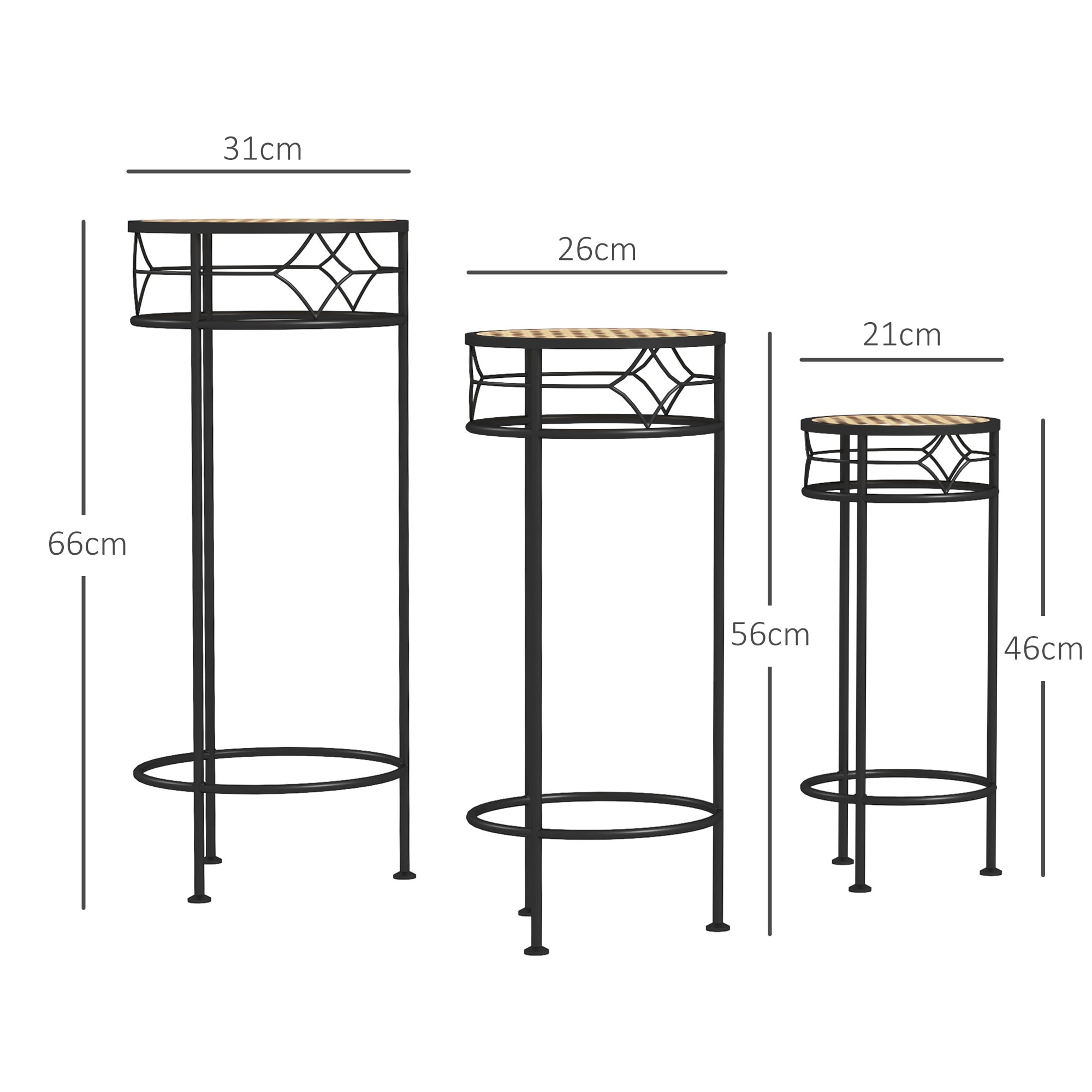 Lot de 3 supports pot de fleurs plateaux aspect rotin métal doré noir