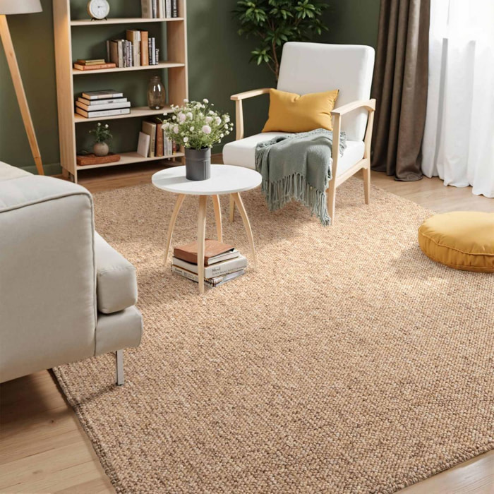 Tapis salon, motif faux uni, poils ras, look chaleureux, entretien