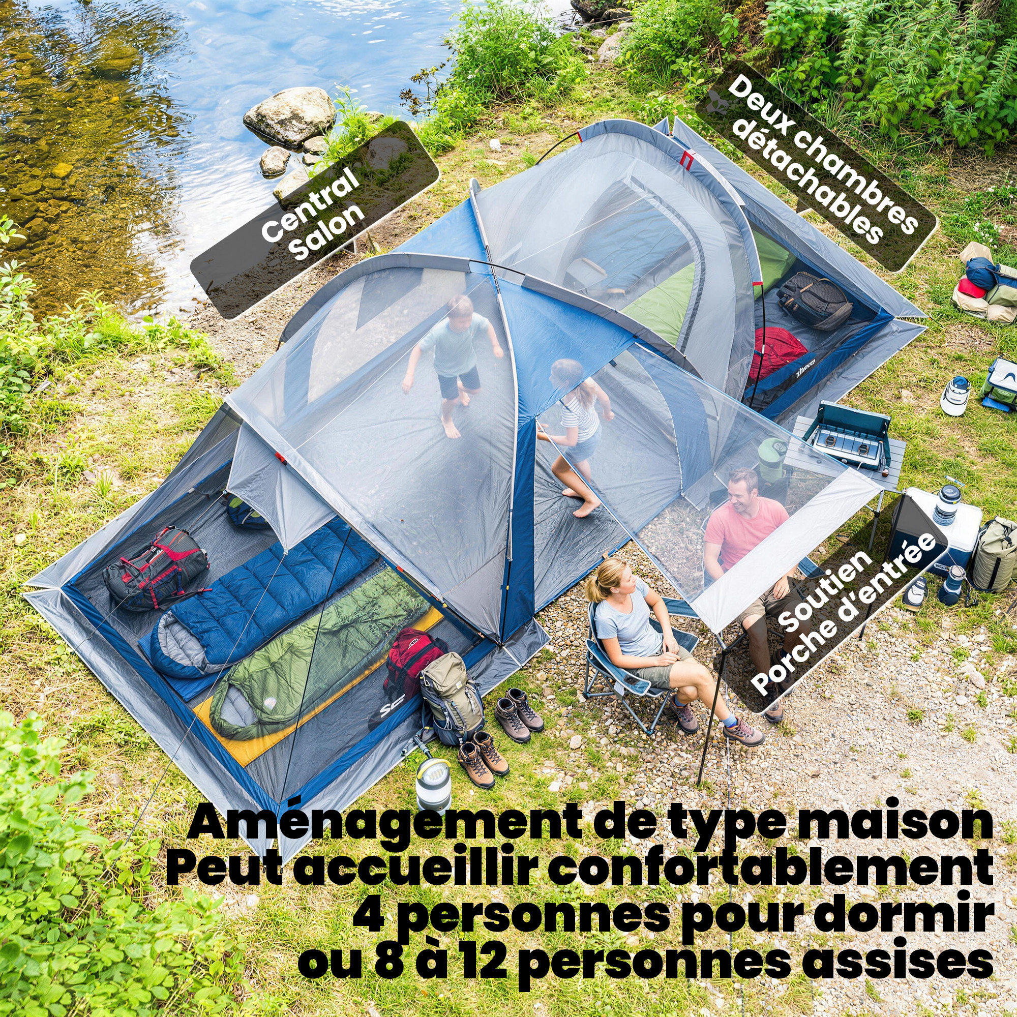 Tente de camping tunnel familiale 4-5 pers. imperméable 3000mm - 550x220x190cm - bleu