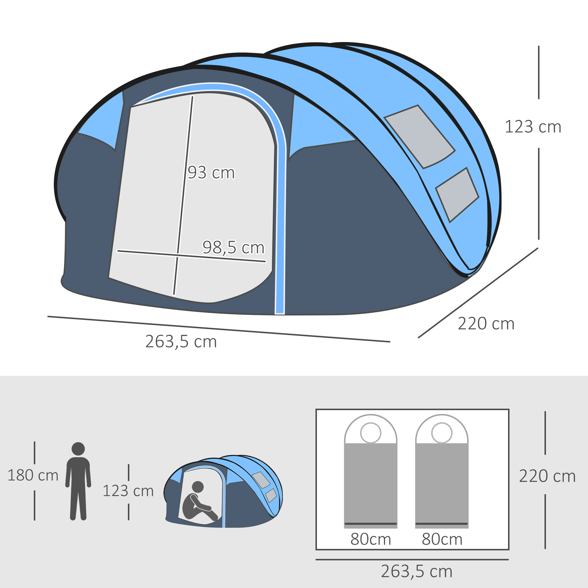 Tienda de Campaña Pop up para 4-5 Personas Tienda de Camping Instantánea con Ventanas Bolsillos y Bolsa de Transporte Impermeable Anti-UV 263,5x220x123 cm Azul