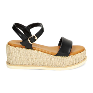 Zeppe nere, platform rafia 6,5 cm