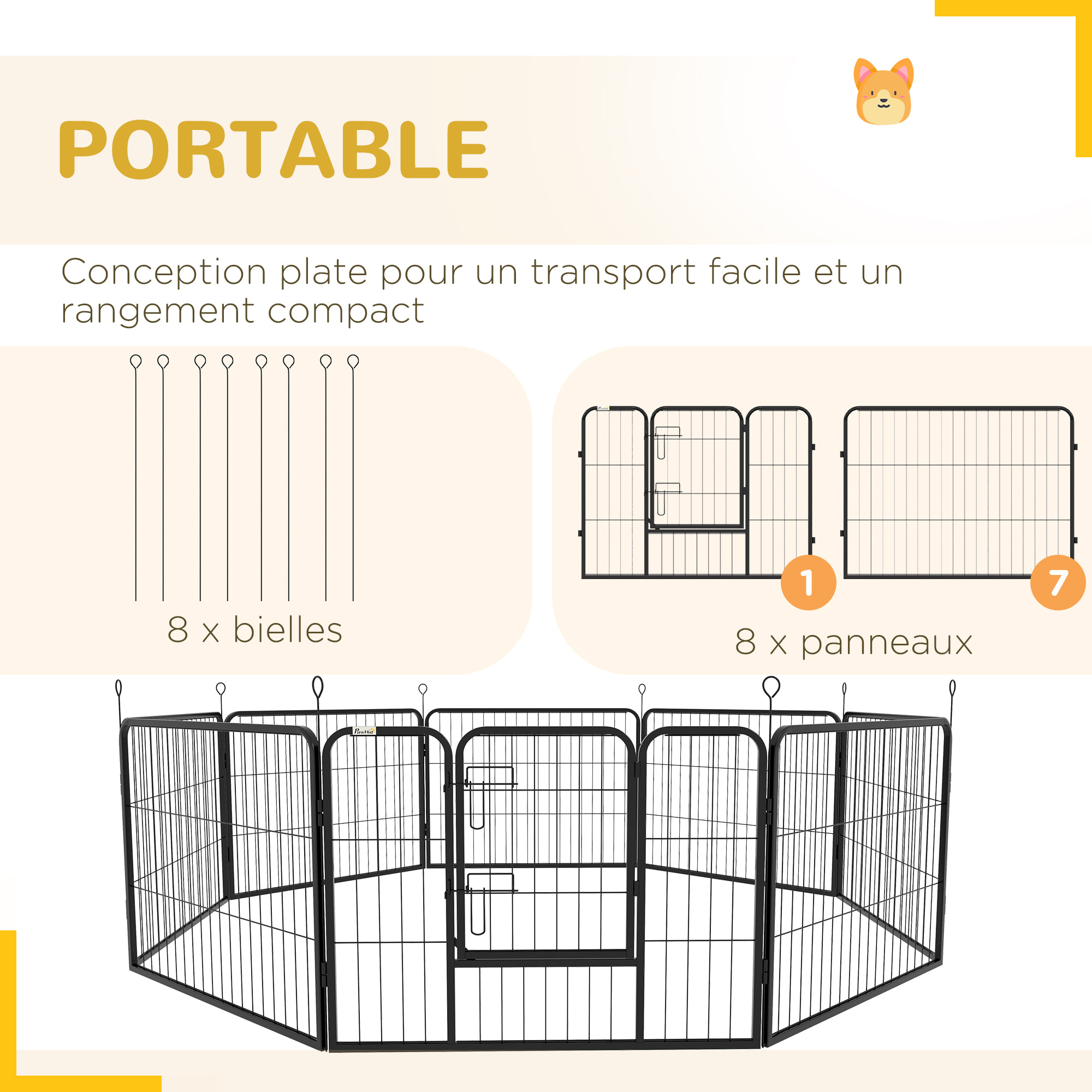 Luxe parc enclos modulable acier 8 panneaux dim. 80L x 60H cm - porte verrouillable - acier époxy noir