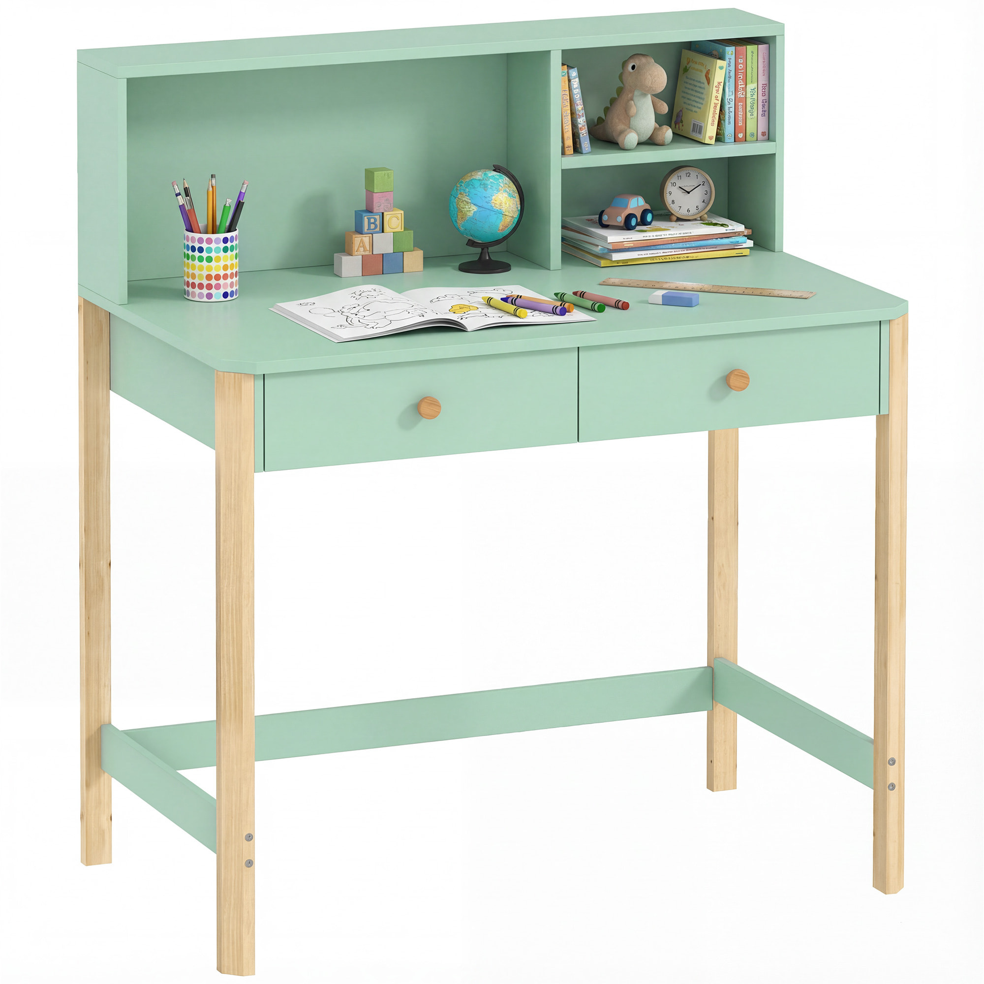 Escritorio Infantil, Mesa de Escritorio para Niños con 3 Compartimentos Abiertos y 2 Cajones, Patas de Madera, para Estudio, Entrada, Dormitorio, para Niños de 5-12 Años, 90x52x105 cm, Verde
