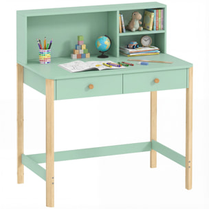Escritorio Infantil, Mesa de Escritorio para Niños con 3 Compartimentos Abiertos y 2 Cajones, Patas de Madera, para Estudio, Entrada, Dormitorio, para Niños de 5-12 Años, 90x52x105 cm, Verde