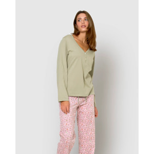 Pijama largo de algodón con escote pico nidila verde
