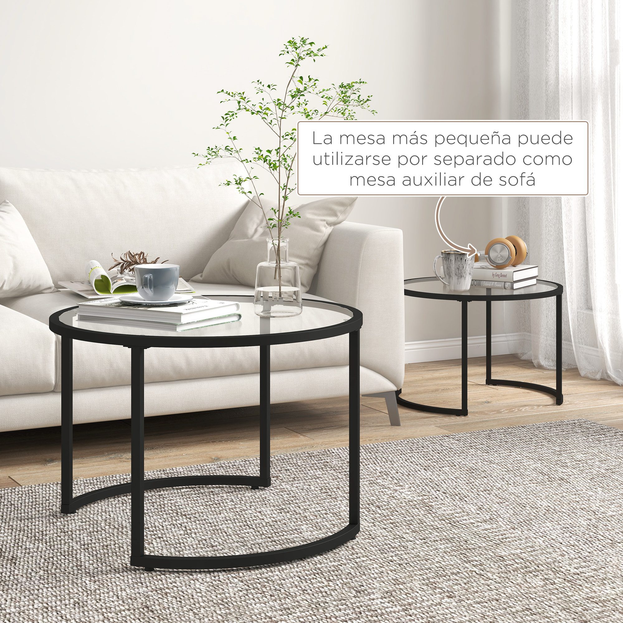 Juego de 2 Mesas Nido, Mesas de Centro para Salón Redondas, Tablero de Vidrio Templado y Marco de Acero, para Dormitorio y Oficina, Grande 70 cm, Pequeña 54 cm, Negro y Transparente