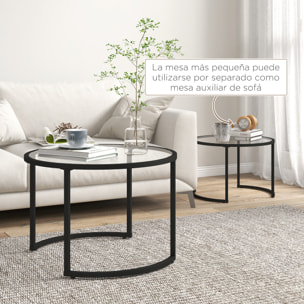 Juego de 2 Mesas Nido, Mesas de Centro para Salón Redondas, Tablero de Vidrio Templado y Marco de Acero, para Dormitorio y Oficina, Grande 70 cm, Pequeña 54 cm, Negro y Transparente