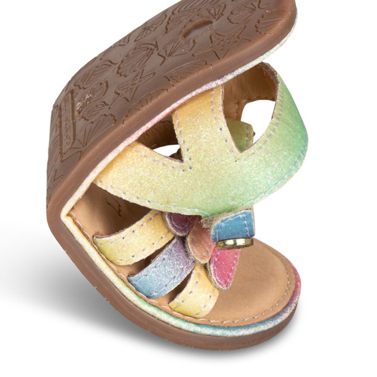 SANDALIA BAREFOOT PIEL CHETTO TIRAS METALIZADAS ARCOÍRIS