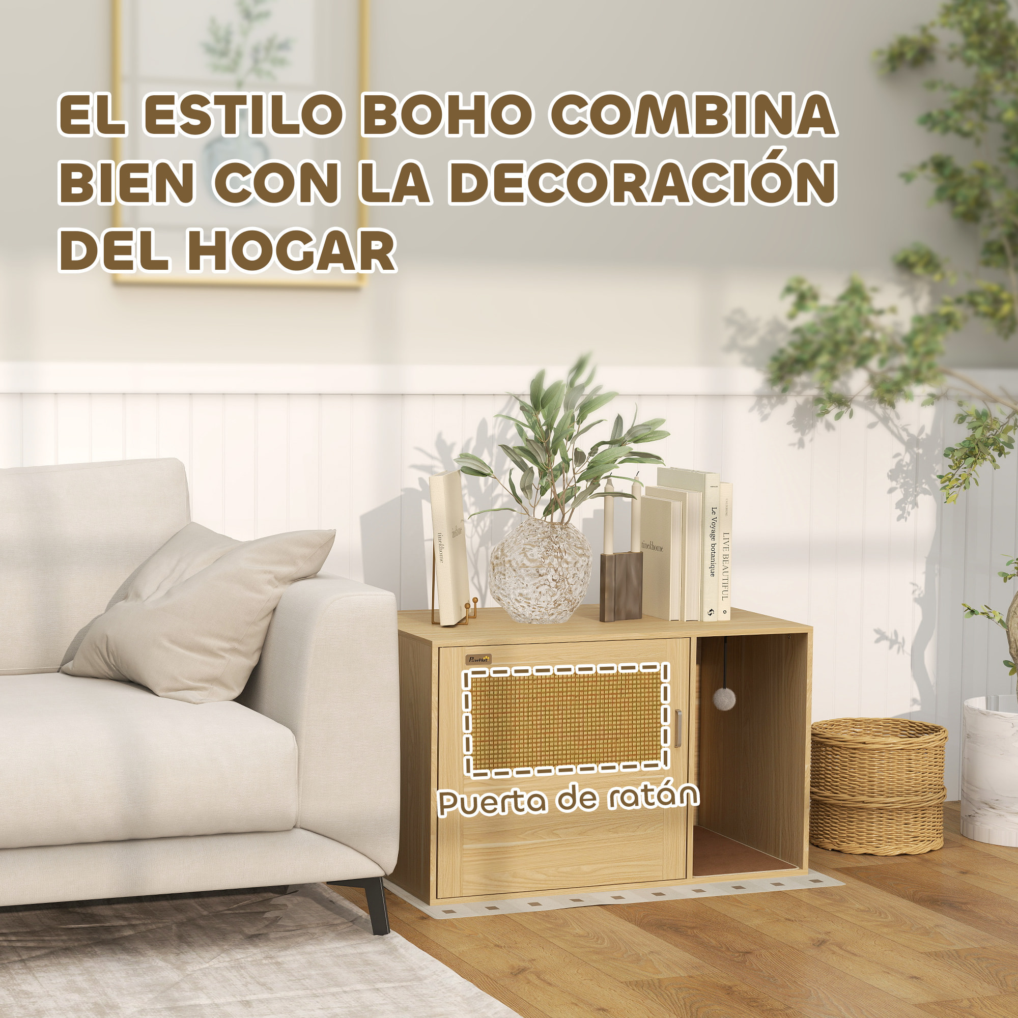 Mueble Arenero para Gatos, Caja de Arena para Gatos con Almohadilla para Rascar y Puerta de Ratán, Mesa Auxiliar para Salón, Dormitorio, 80x50x50 cm, Roble