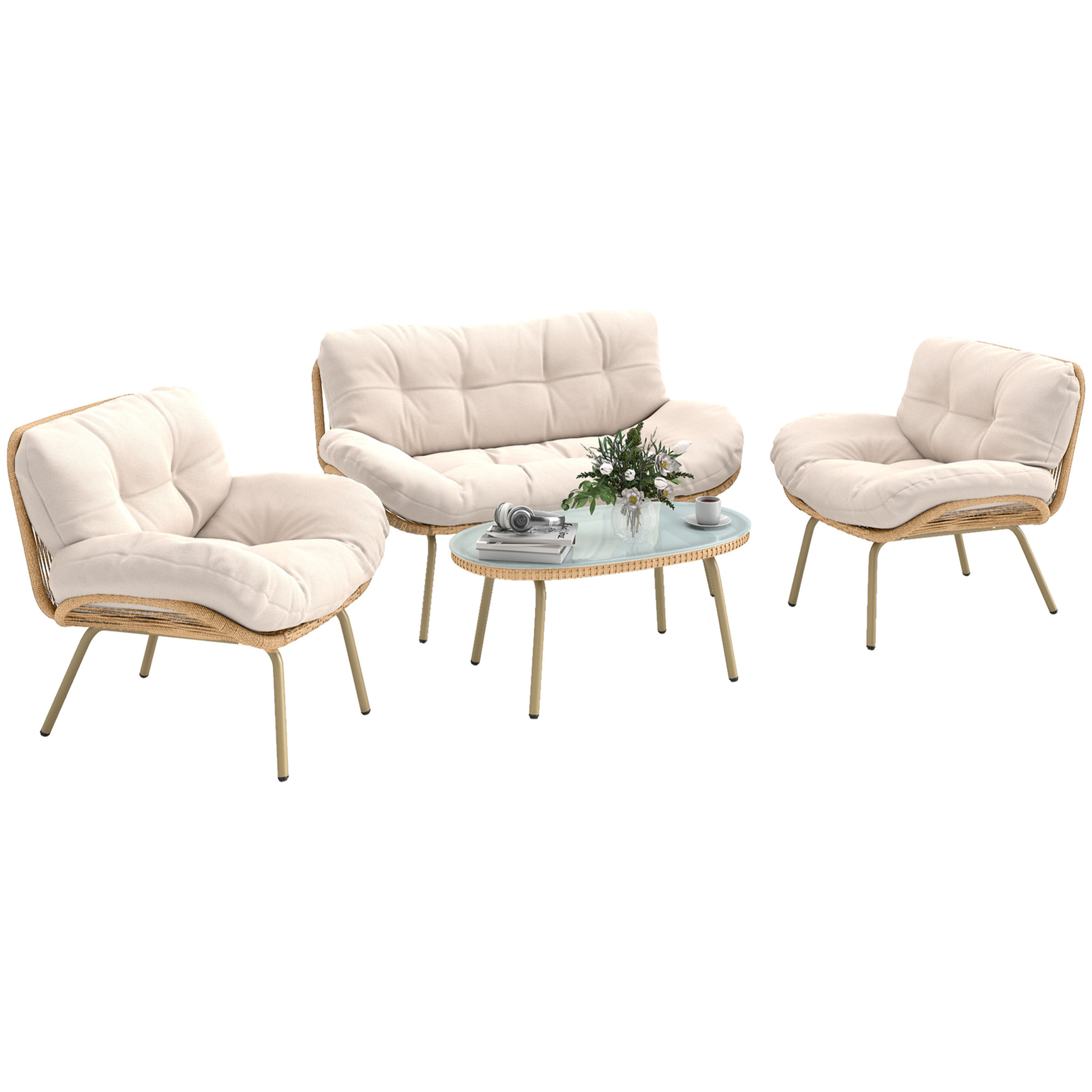 Conjunto de Jardín Exterior de Ratán, Muebles Jardín Exterior 4 Piezas, con Cojines, Sofá Doble, 2 Sillones y Mesa de Centro de Cristal, Estructura de Metal, Beige