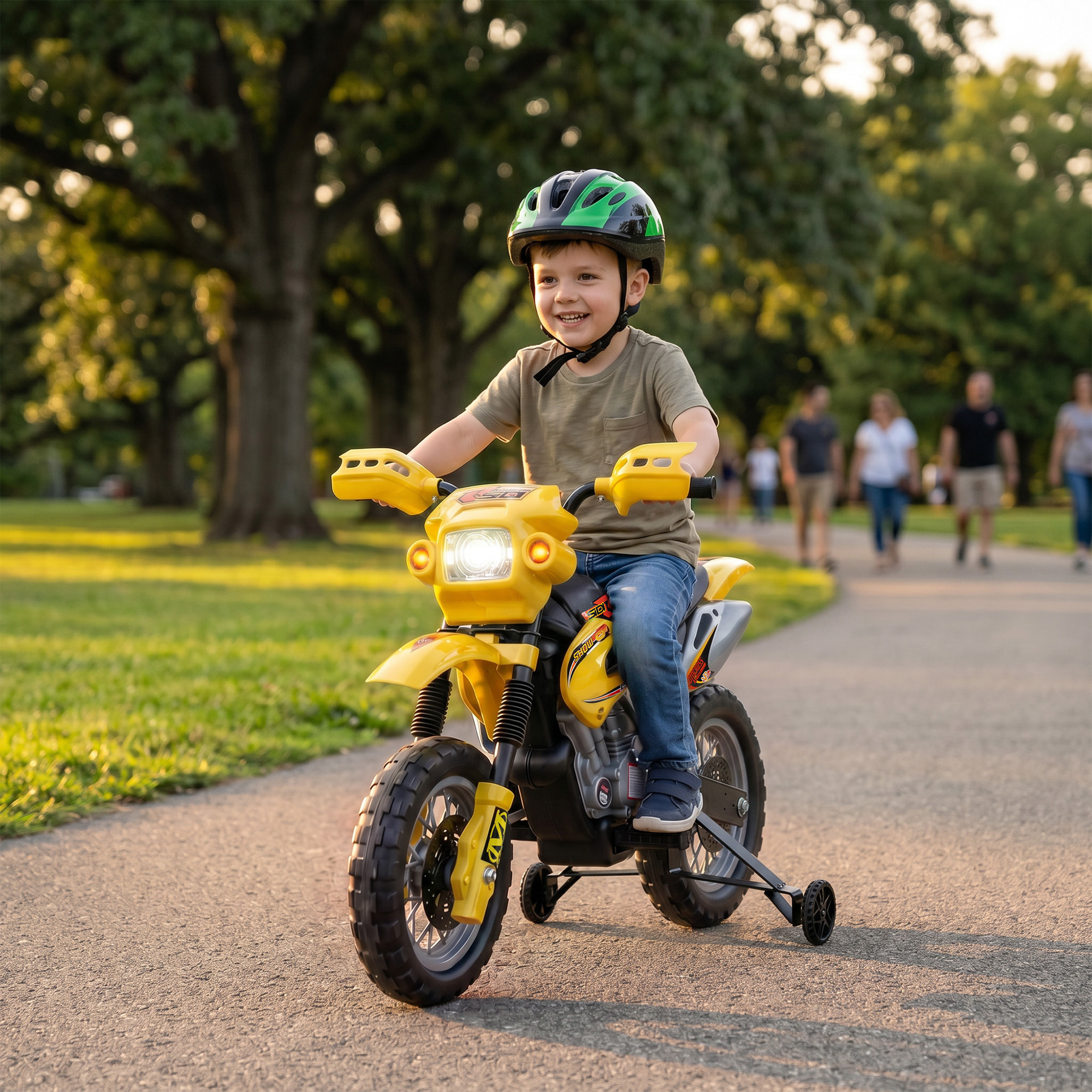 HOMCOM Moto Eléctrica para Niños, Moto Eléctrica Infantil con Ruedas de Apoyo Desmontables, Faros, Música, Regalo para Niños 3-6 Años, Amarillo
