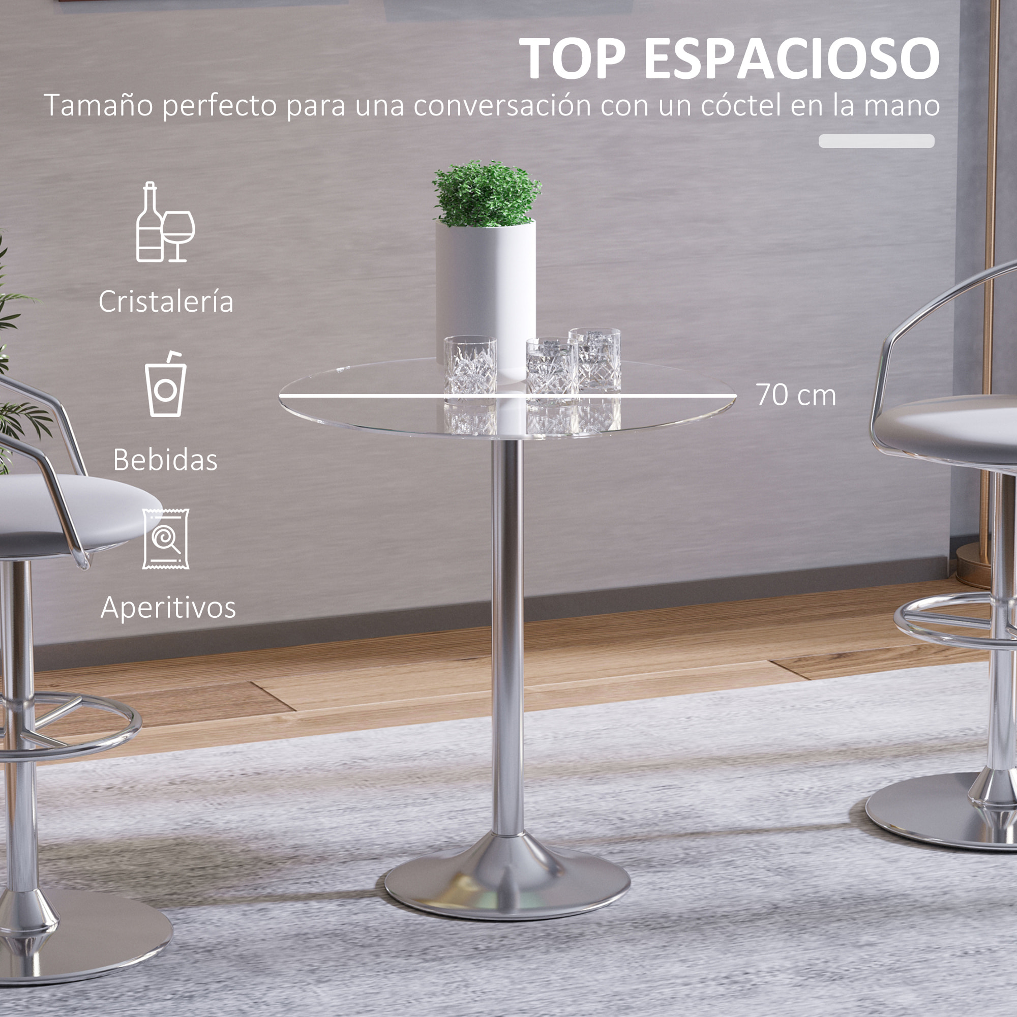 Mesa de Comedor Redonda para 2 Personas, Mesa de Cocina Moderna con Superficie de Vidrio Templado y Base de Acero, para Salón, Comedor, Plateada